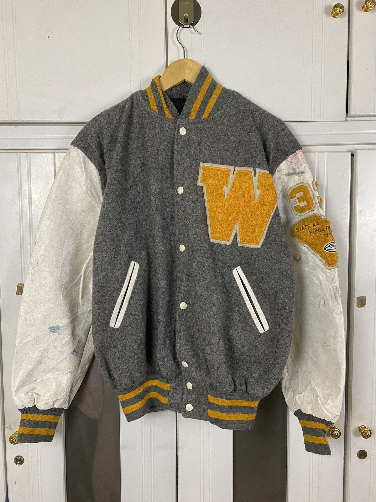 image of Made In USA x Neff Vintage Neff Varsity Wool Leather Jacket 1994 in Grey, Men's (Size Large)