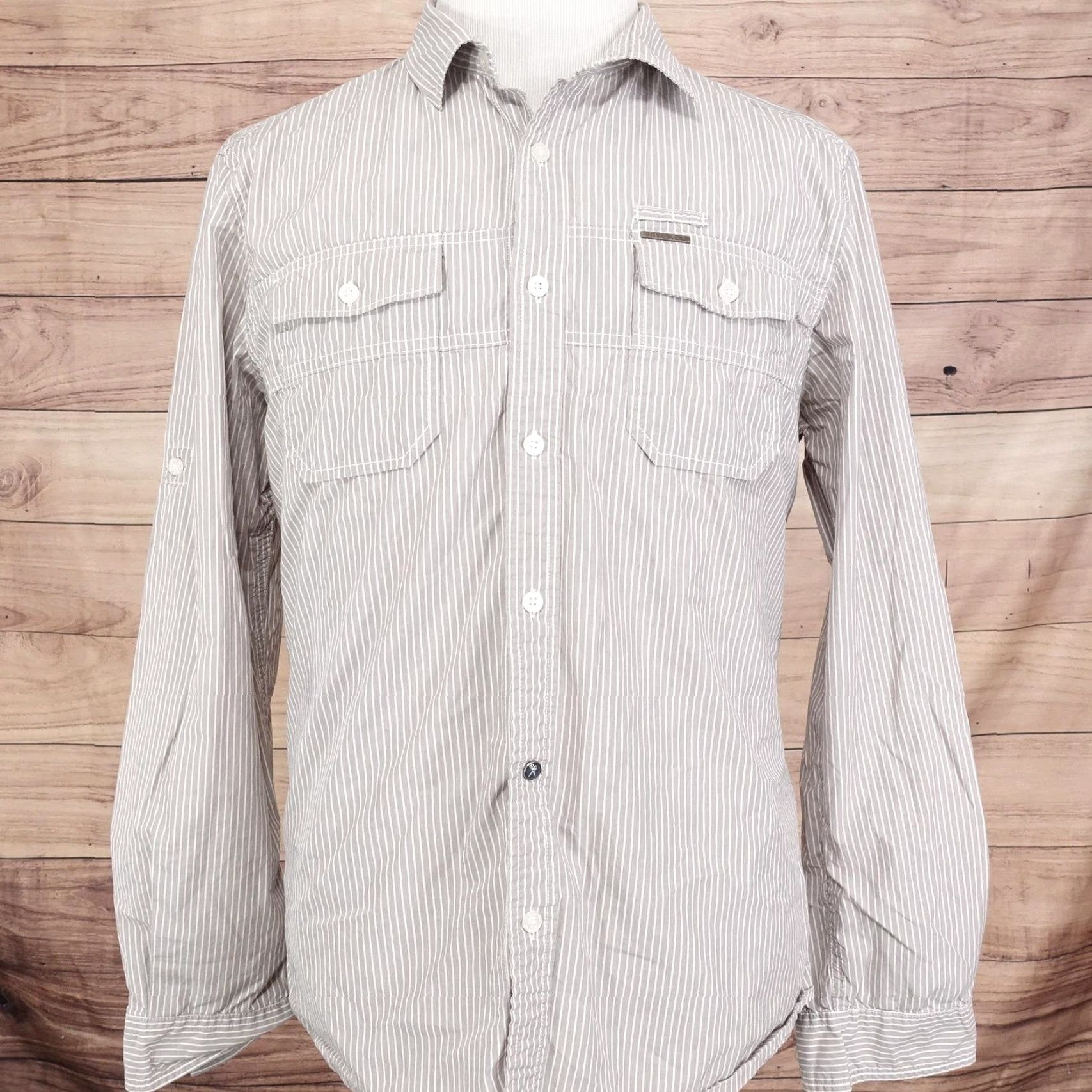 Marcs Marc Ecko Shirt Men Large Gray White Striped Button-Up Long Sleeve Casual Pockets Size US L / EU 52-54 / 3 - 4 Thumbnail