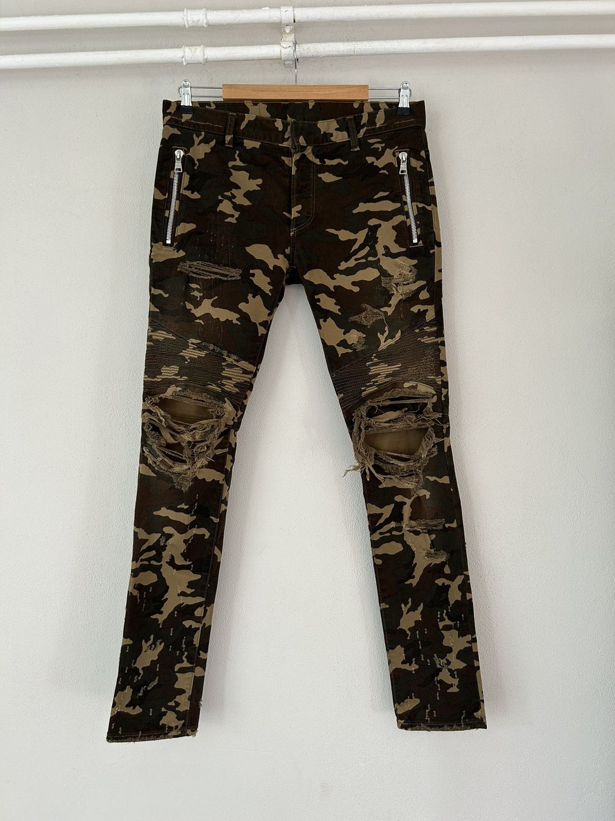 image of Balmain Army Camouflage Destroyed Biker Jeans in Camouflage Army, Men's (Size 31)