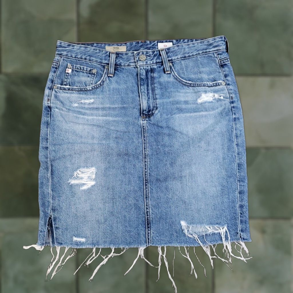 Denime AG Adriano Goldschmied Erin Pencil Skirt Womens 30 Blue Denim Distressed Frayed Knee Length Zip Button Pockets Slit Cadence Retro Grunge Casual Womens Size 30" / US 8 / IT 44 - 1 Thumbnail