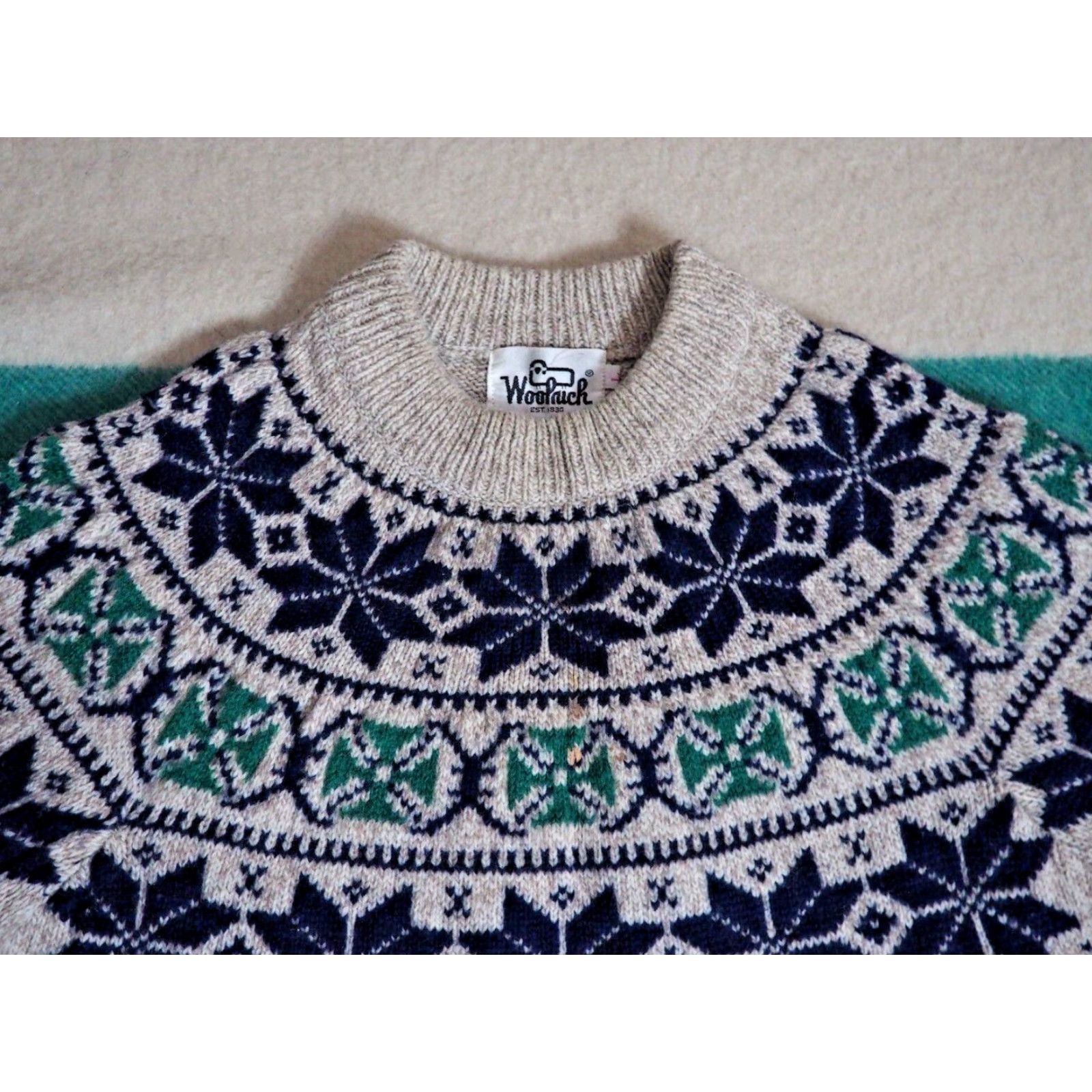 Vintage VTG 70s Woolrich Wool Beige Fair Isle Nordic Camp Pullover Sweater Unisex L Size US L / EU 52-54 / 3 - 3 Thumbnail
