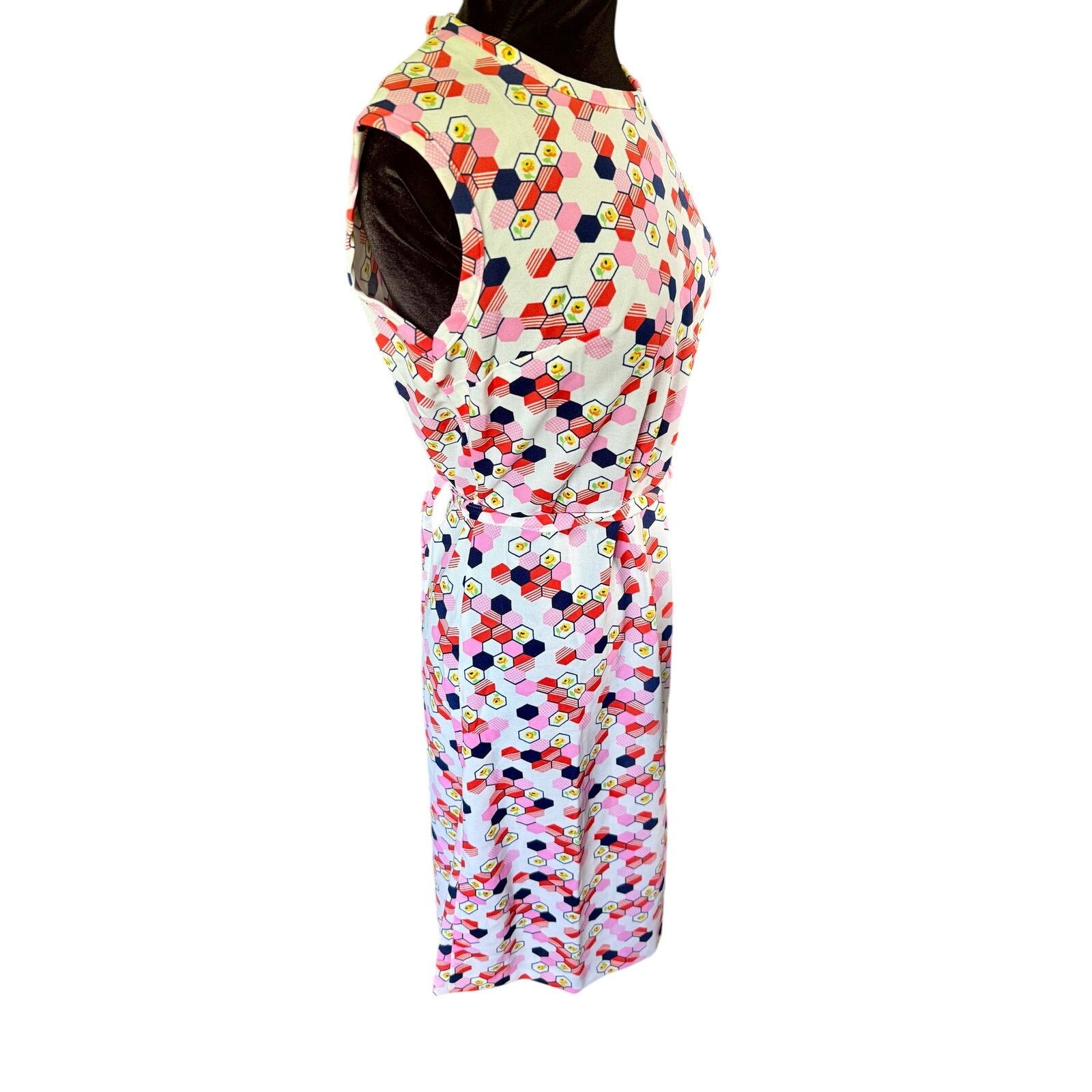 Vintage Vintage 70’s Diolen White Pink Geometric Belted Dress Large Size L / US 10 / IT 46 - 3 Thumbnail
