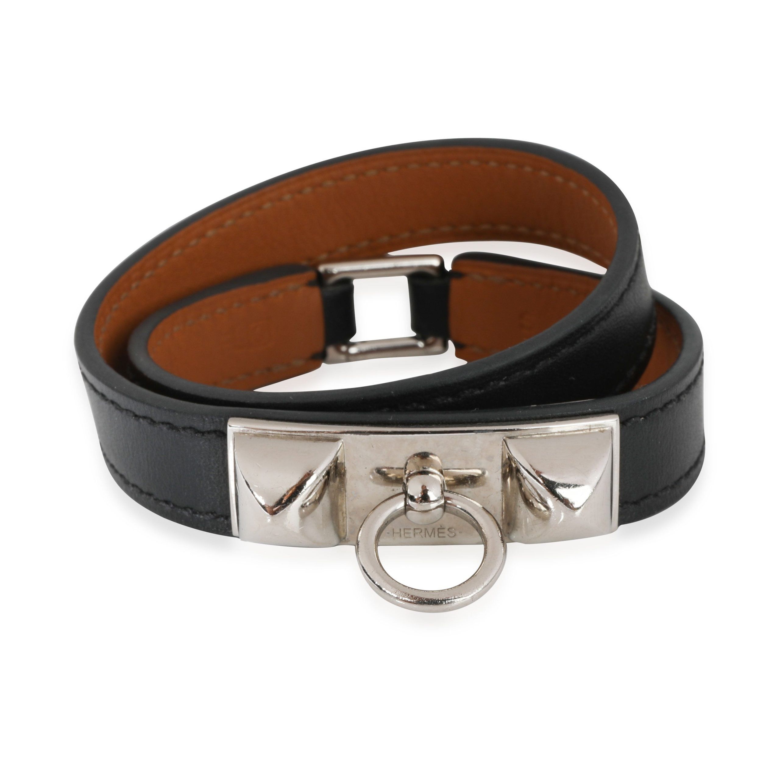 image of Hermes Rivale Double Tour Bracelet In Leather in Silver, Women's