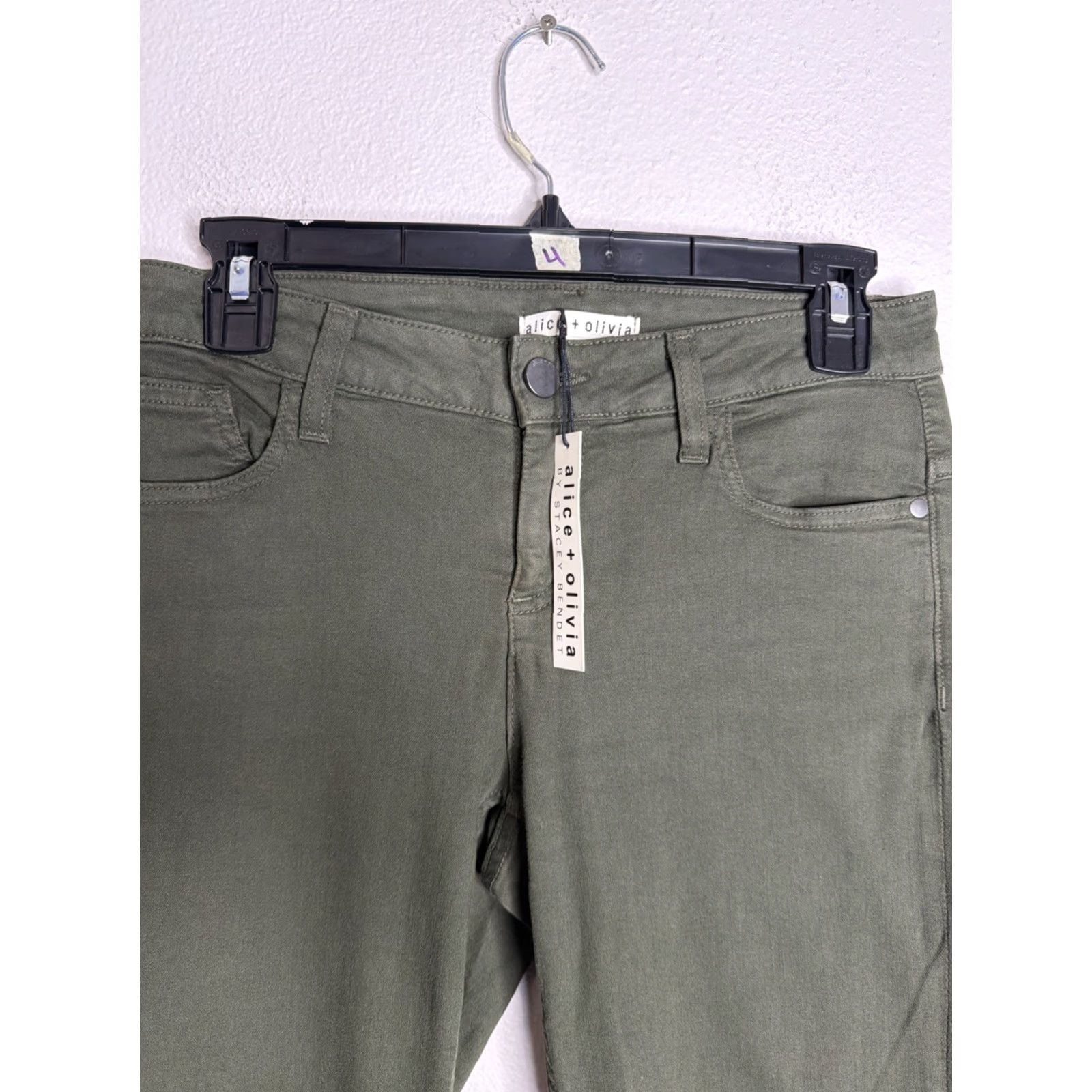 Alice + Olivia VINTAGE Alice + Olivia Jeans Women Size 28 High Rise Wide Leg Flare Zip Fly NWT 28 Green Cotton Dark Wash Pockets Stretch Inseam 30 Womens Size 28" / US 6 / IT 42 - 3 Thumbnail