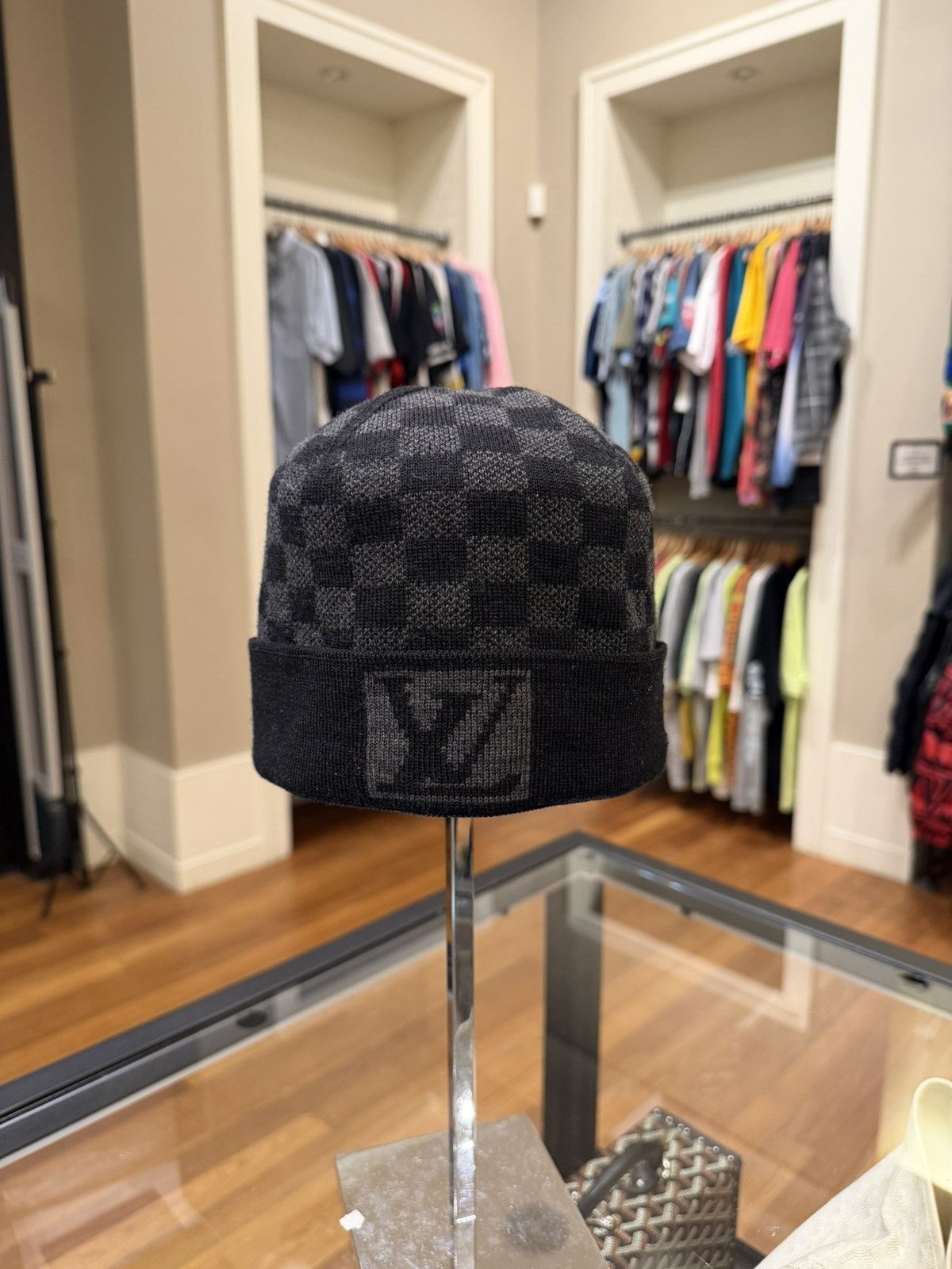 Louis Vuitton Wool Bonnet Petit Damier Beanie -Black Gray