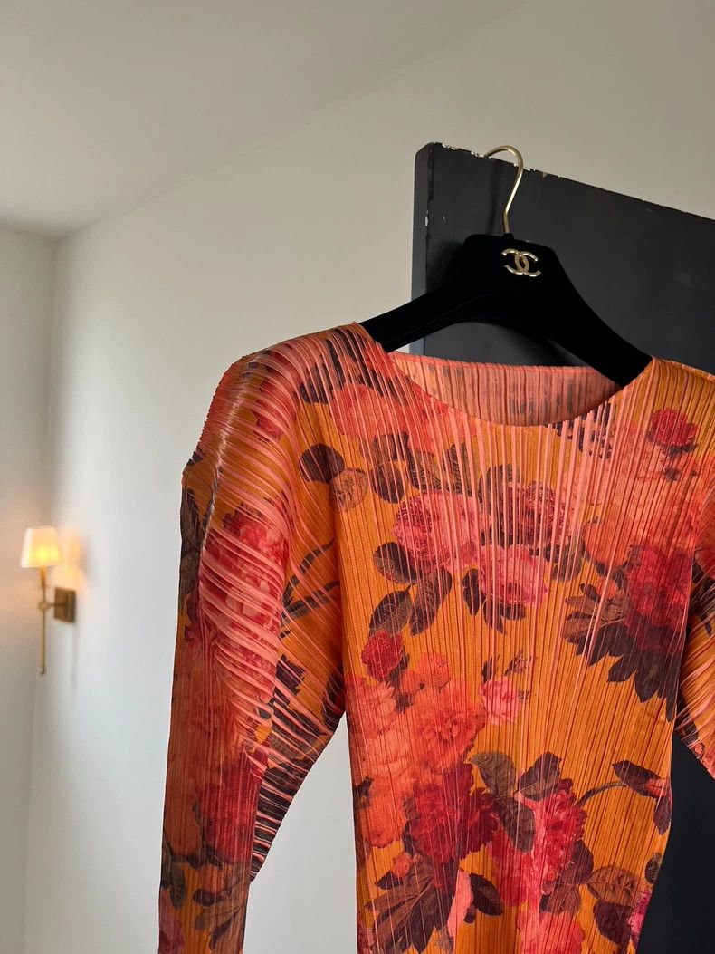 Issey Miyake Issey Miyake Orange floral pleated long-sleeved shirt Size M / US 6-8 / IT 42-44 - 5 Thumbnail
