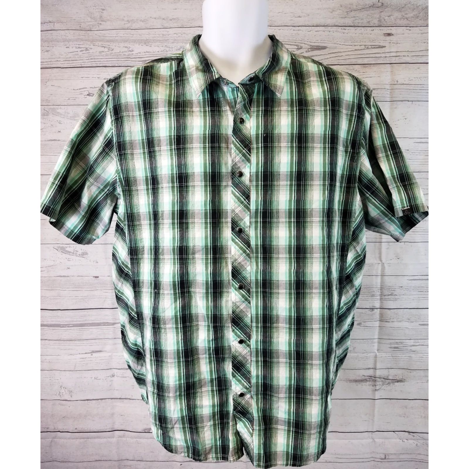 Prana prAna Mens Shirt L Pearl Snap Plaid Green Black Organic Cotton Casual Button-Front Short Sleeve Men Mens Clothing Size US L / EU 52-54 / 3 - 2 Thumbnail