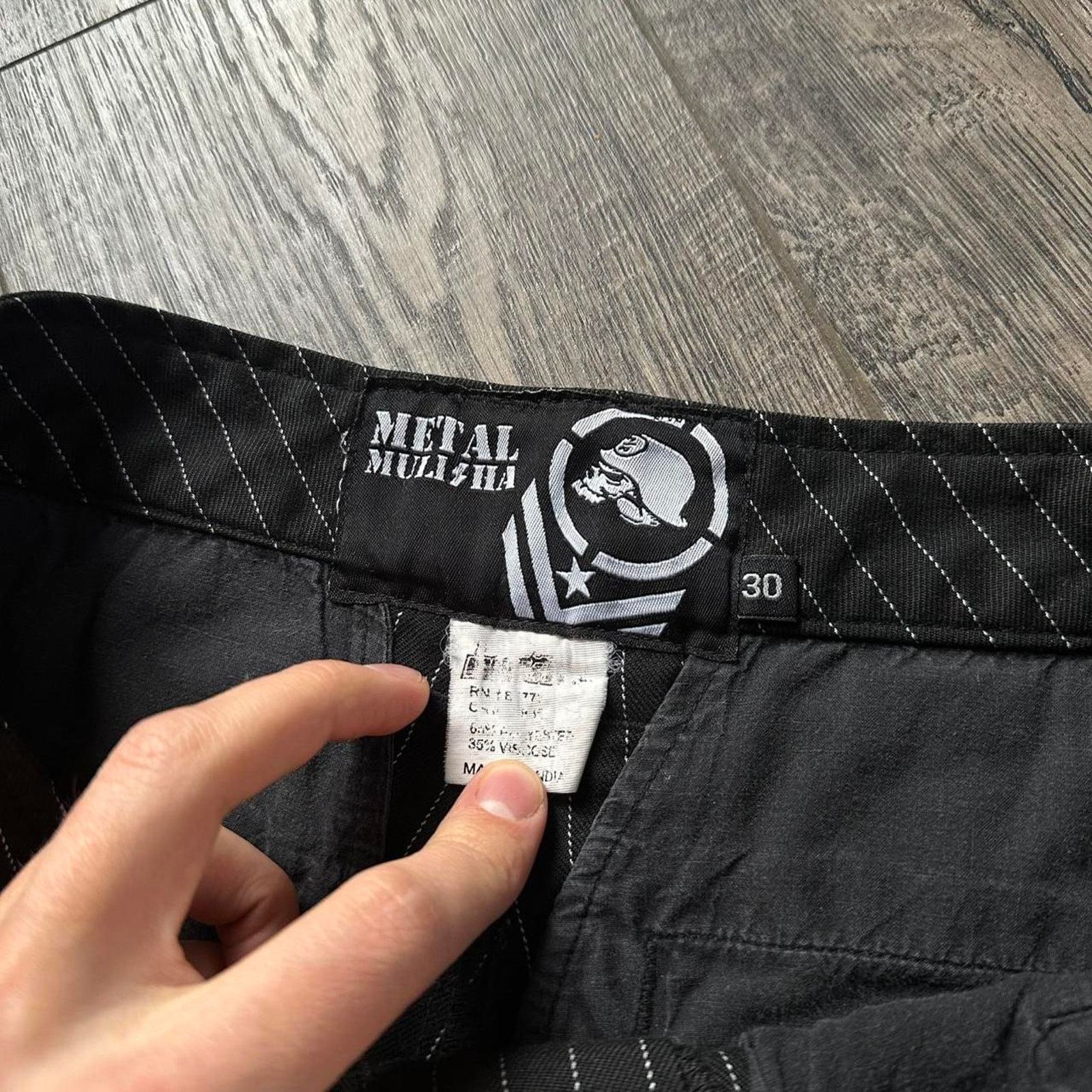 Vintage 00s Pin Striped Long Black Skull Metal Mulisha Short