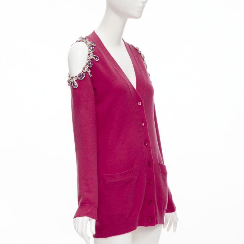 Moschino new MOSCHINO fuschia pink cashmere crystal jewel cold shoulder cardigan IT36 XS Size XS / US 0-2 / IT 36-38 - 1 Thumbnail