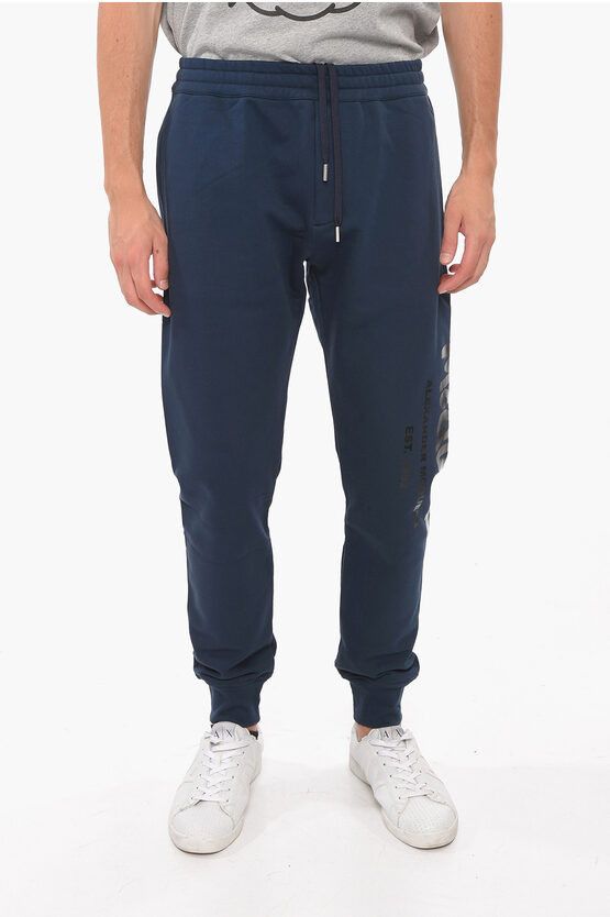 image of Alexander Mcqueen Brushed-Cotton Joggers With Logo Print in Blue, Men's (Size 33)