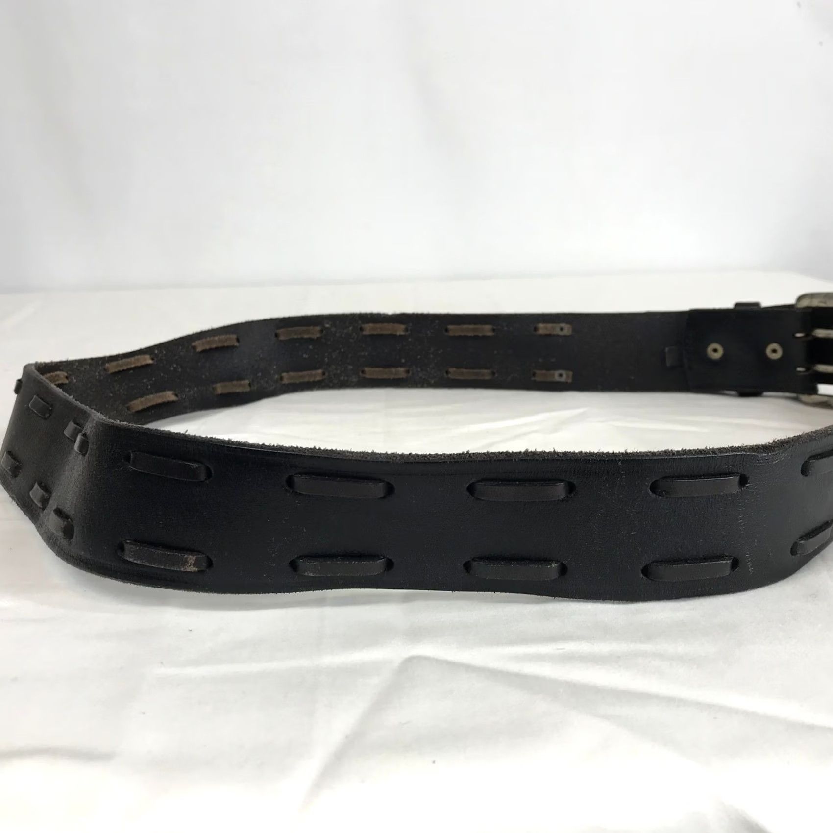 Lucky Brand Lucky Brand Mens Black Leather Belt Double Prong Whipstitch Silver Buckle 40 Western Work Belt Mens Size 32 - 3 Thumbnail