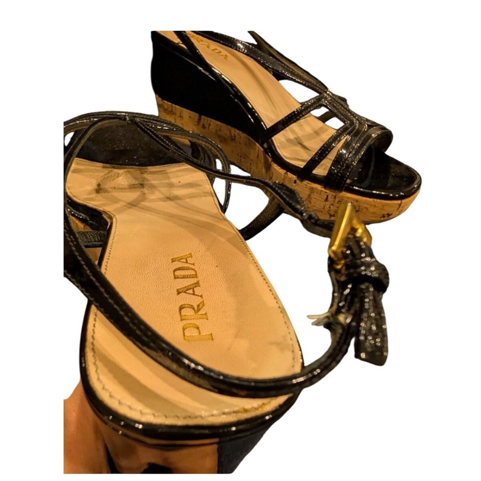 Prada Prada black patent leather cork wedge sandals, made in Italy Size US 8 / IT 38 - 5 Thumbnail