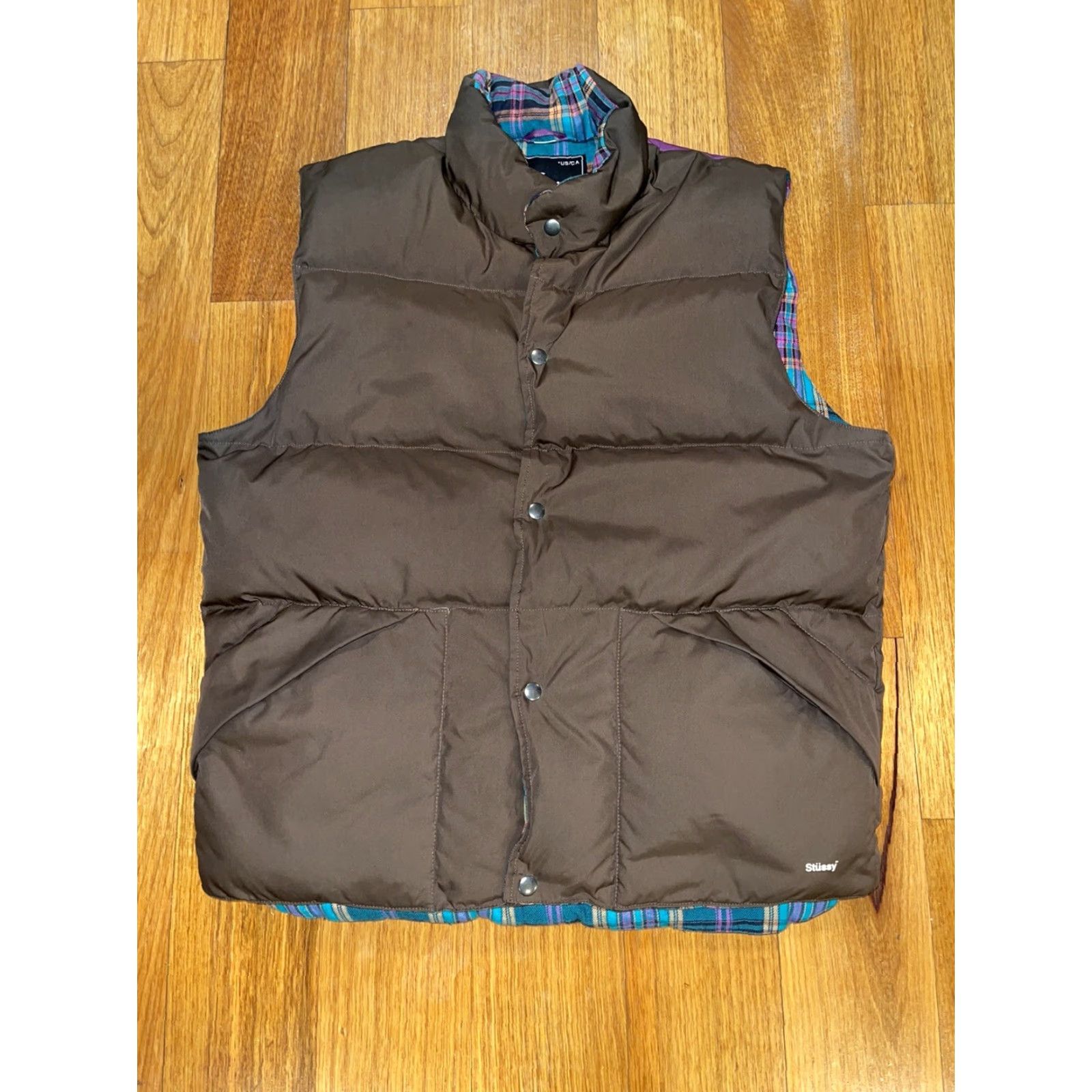 Vintage Stussy Vest Puffer Mens L Regular Brown Solid 90s Down 80% Button Close Snap Size US L / EU 52-54 / 3 - 3 Thumbnail