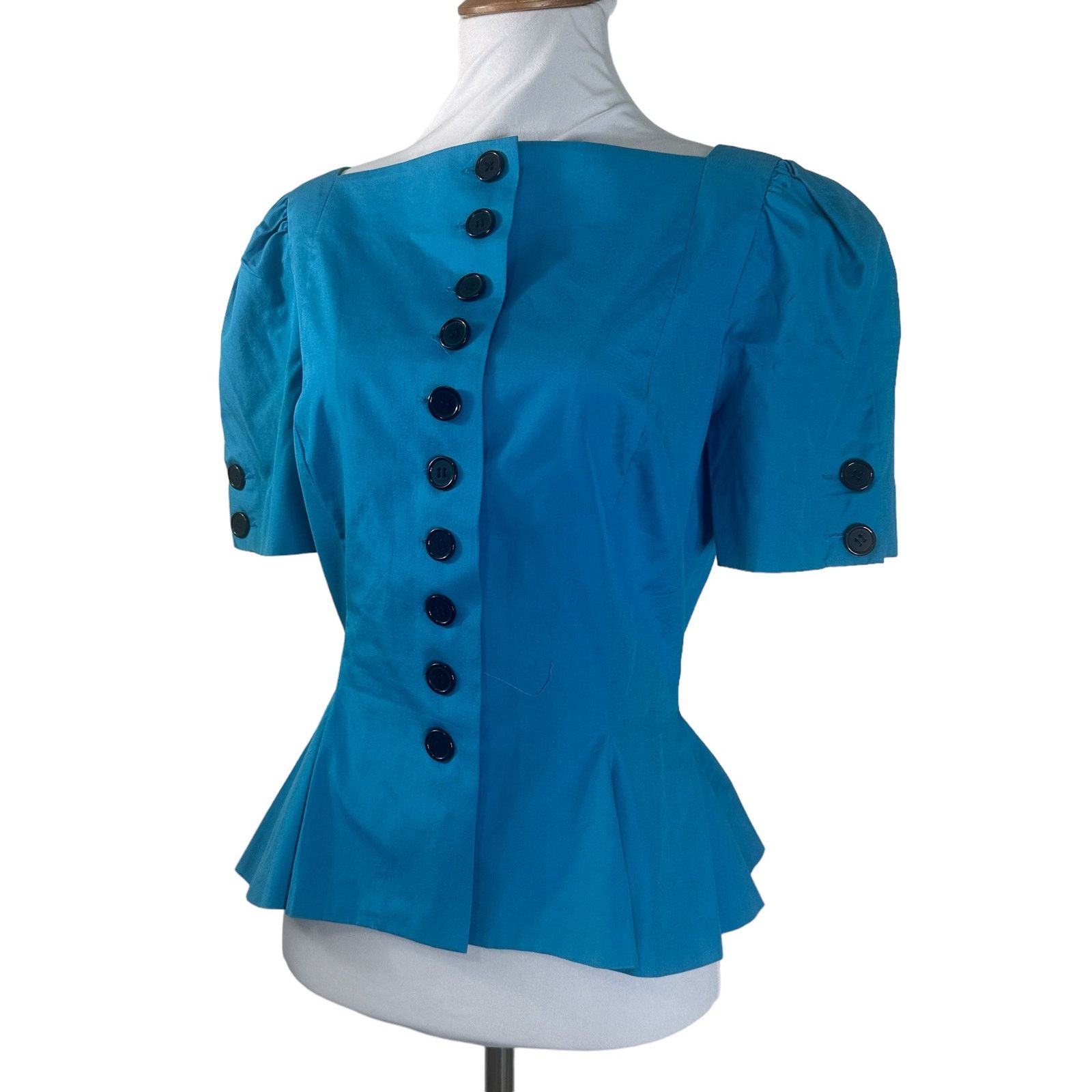 Vintage 1980s Adele Simpson Bright Blue Peplum Blouse Top M Size US M / EU 48-50 / 2 - 1 Thumbnail