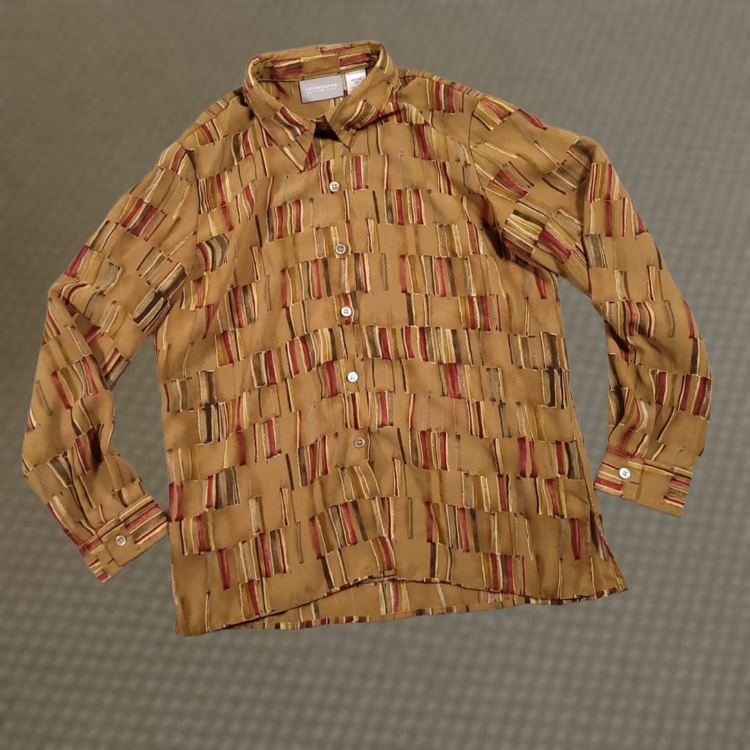 Liz Claiborne VINTAGE Liz Claiborne Button Up Shirt Women's 12P Petite Brown Geometric All Over Print Size XL / US 12-14 / IT 48-50 - 1 Thumbnail