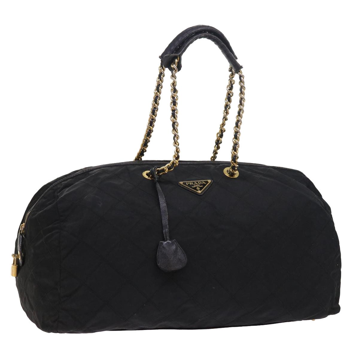 image of Prada Quilted Chain Boston Bag Nylon Black Auth Ar10295, Women's
