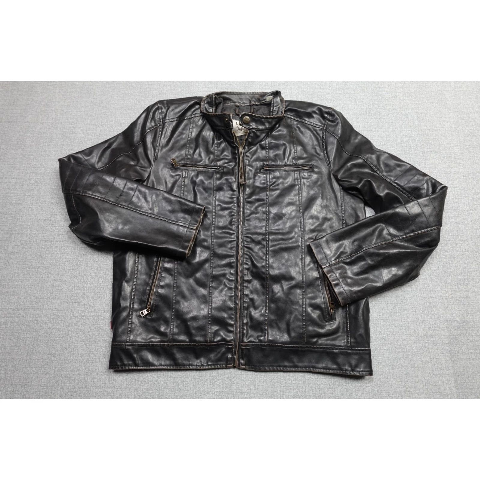 Levi's Levi's Faux Leather Jacket Mens Large Black Moto Full Zip Pockets Chin Strap Strap Tightened Chest Pockets Zipper Logo Vintage? Size US L / EU 52-54 / 3 - 4 Thumbnail