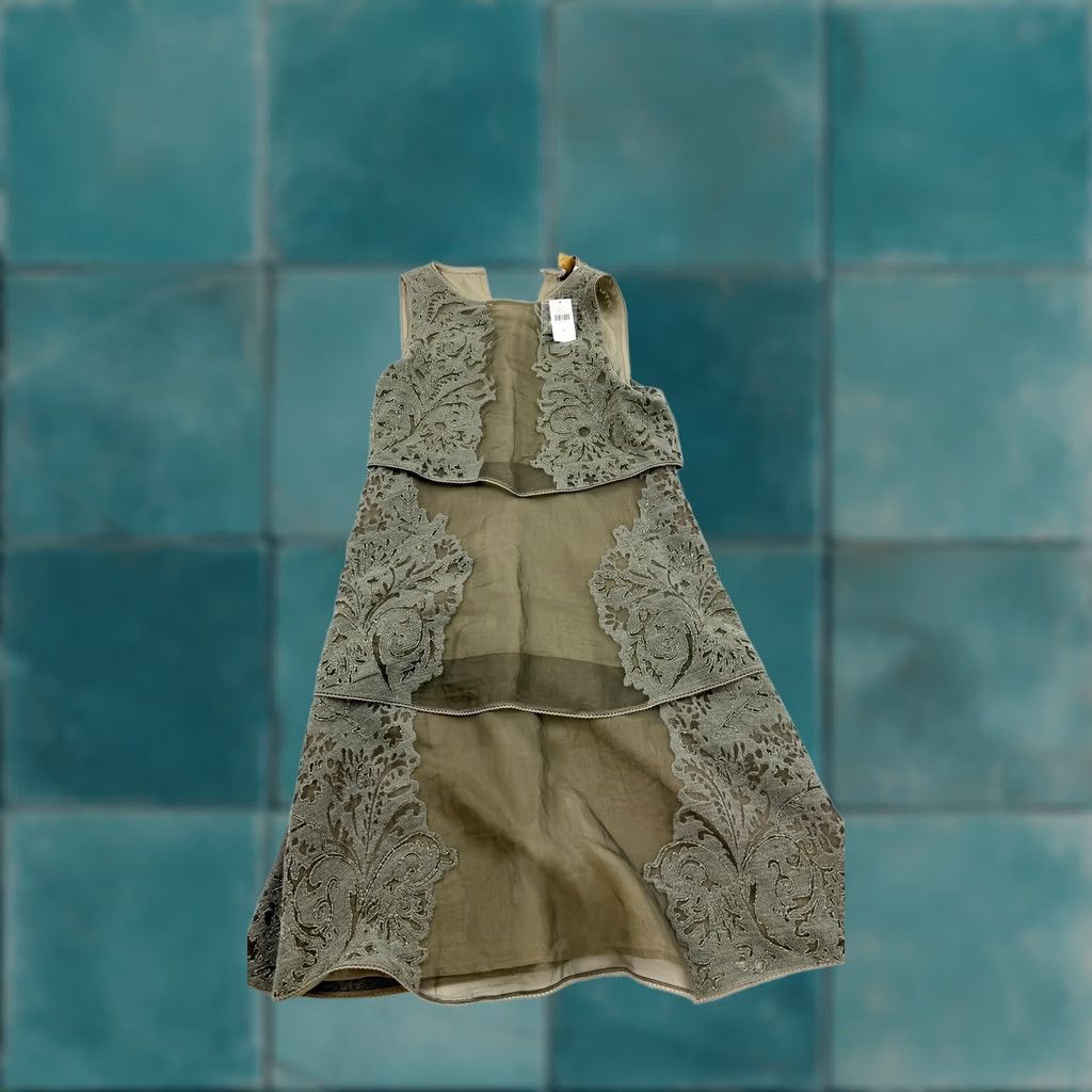 Anthropologie Not So Serious Dress Womens 0 Olive Green Silk Beaded Embroidered Tiered Sheer Size XS / US 0-2 / IT 36-38 - 1 Thumbnail