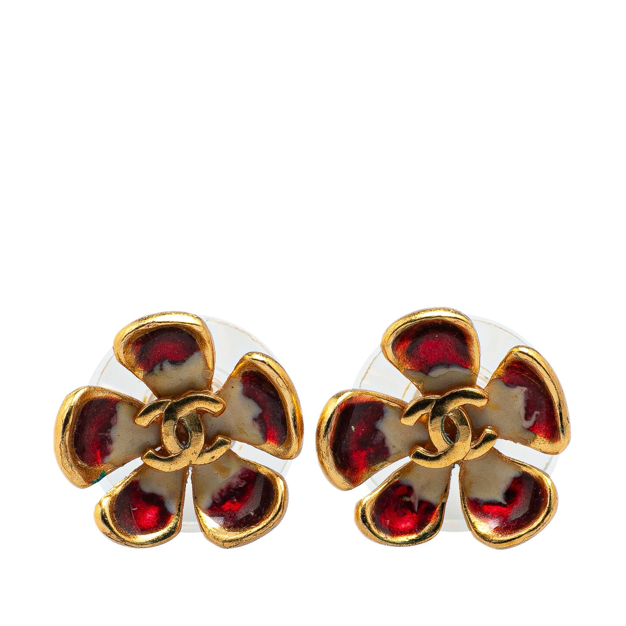 Chanel Chanel Gold Plated Enamel CC Flower Push Back Earrings Red Size ONE SIZE - 1 Thumbnail