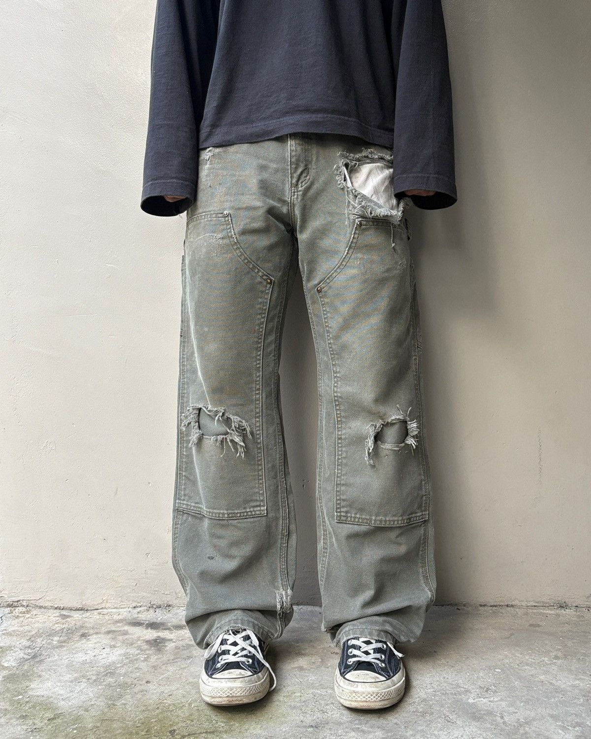 Carhartt Faded MOSS Green Thrashed Carhartt Double Knee Pants Size US 30 / EU 46 - 1 Thumbnail