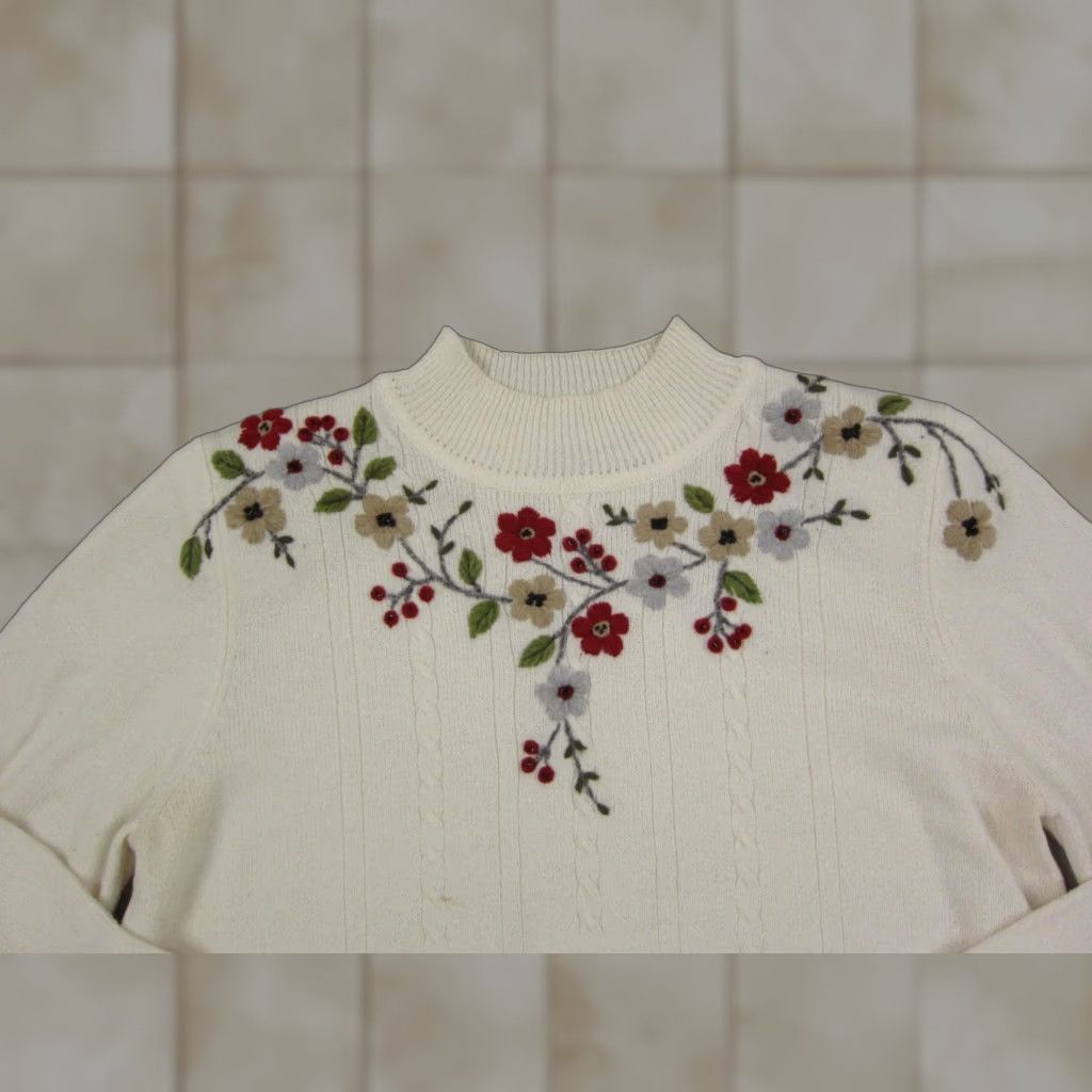 Vintage VINTAGE Alfred Dunner Sweater Womens PM Embroidered Floral Knit Mock Neck Pullover 90s Knit Ivory Overall Womens Size M / US 6-8 / IT 42-44 - 1 Thumbnail