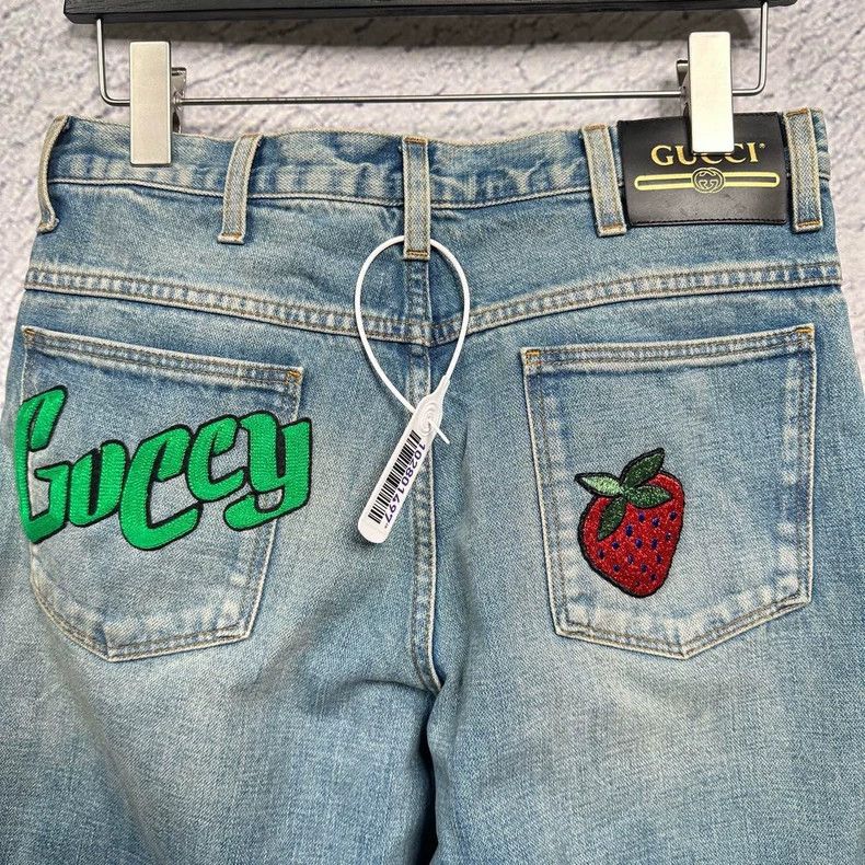 Gucci Gucci Size 28 Women's logo strawberry embroidery blue denim Size 42" / US 20 - 3 Thumbnail
