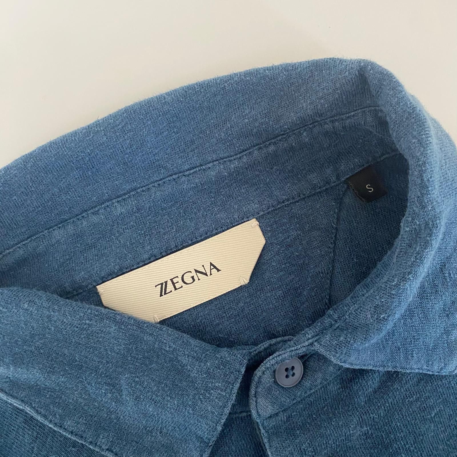 Z Zegna Blue Linen Patch Logo Polo Size US S / EU 44-46 / 1 - 3 Thumbnail