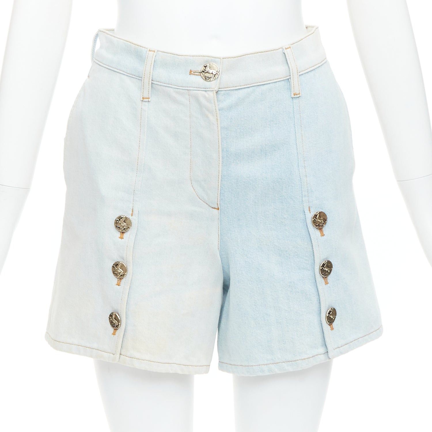 CHANEL 2018 Runway light blue washed denim horse buttons shorts FR34 XS