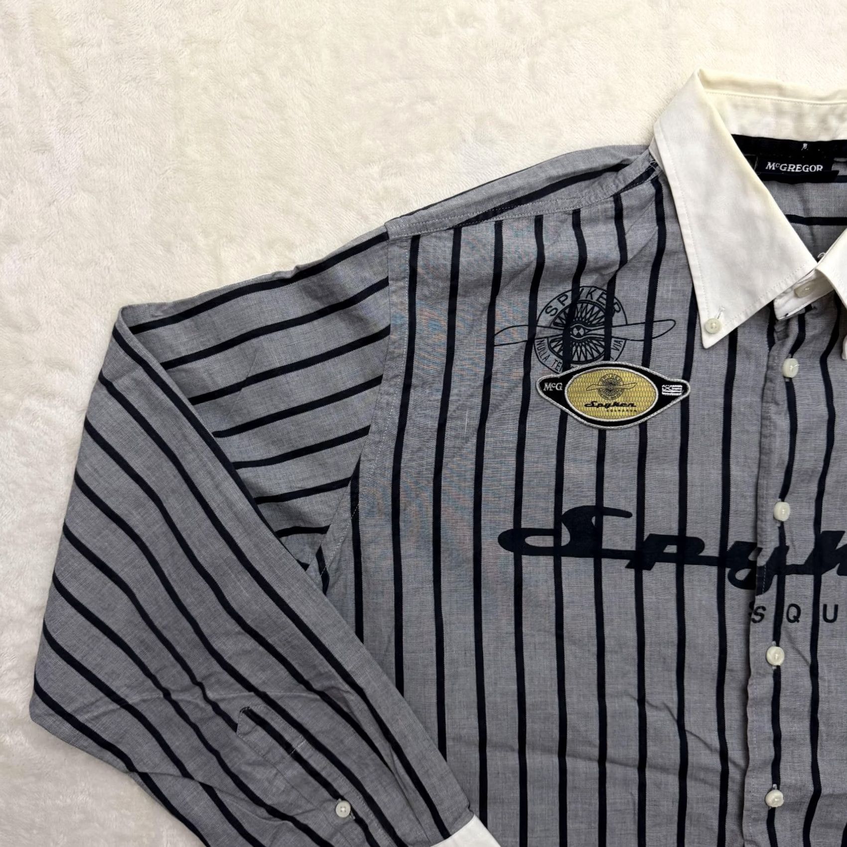 McGregor McGregor Shirt Mens XL Gray Navy Striped Button-Down Button Embo​idered Patch Cotton Wool Size US XL / EU 56 / 4 - 5 Thumbnail