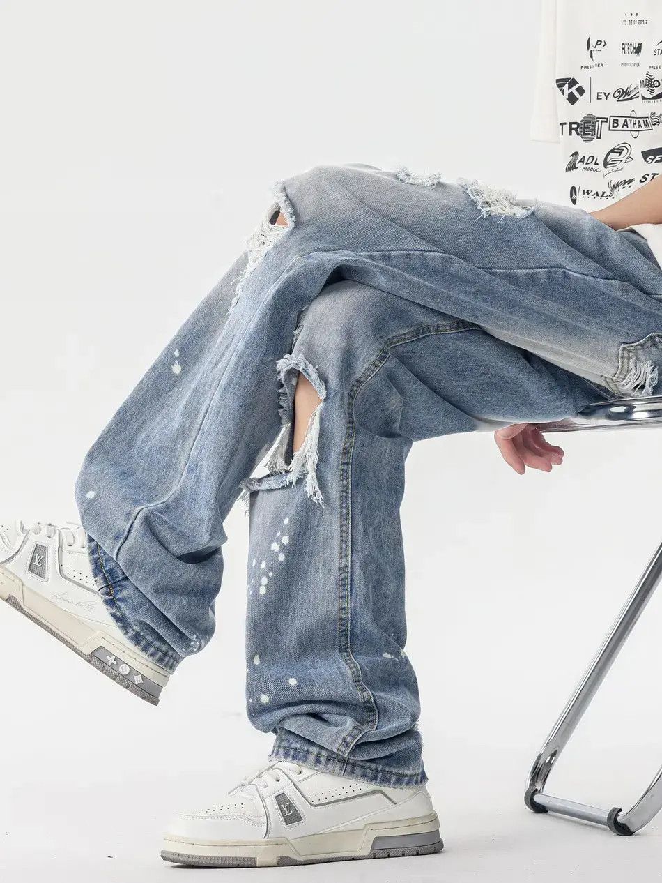 Japanese Brand Retro loose splashed ink straight leg ripped jeans Size US 32 / EU 48 - 5 Thumbnail