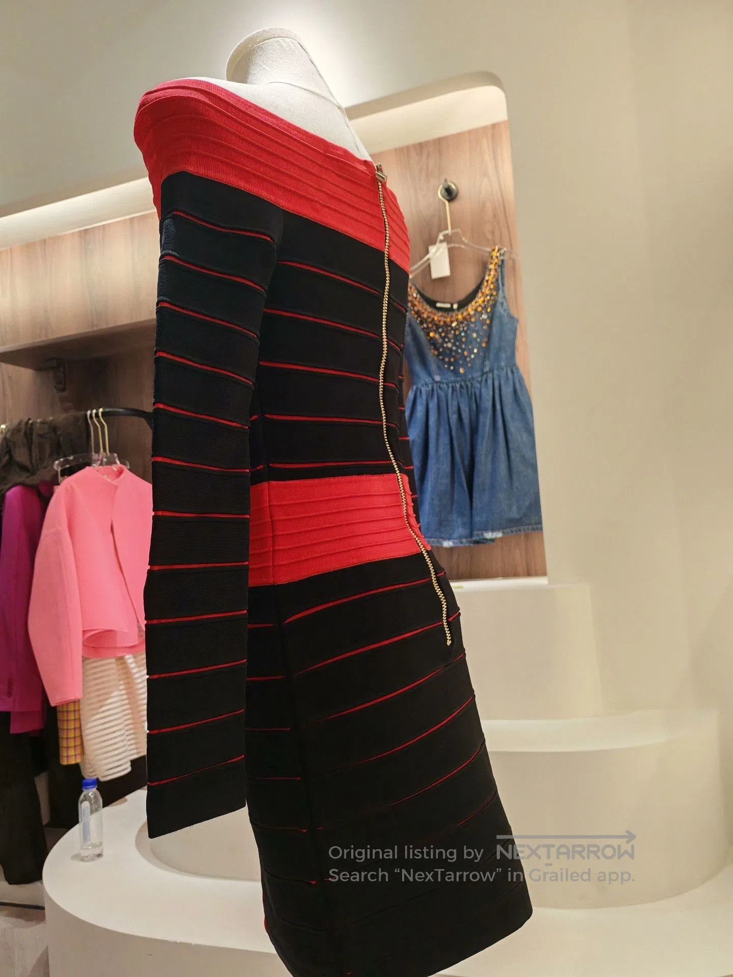 Balmain Red Black Bandage Knit Off-Shoulder Dress.
