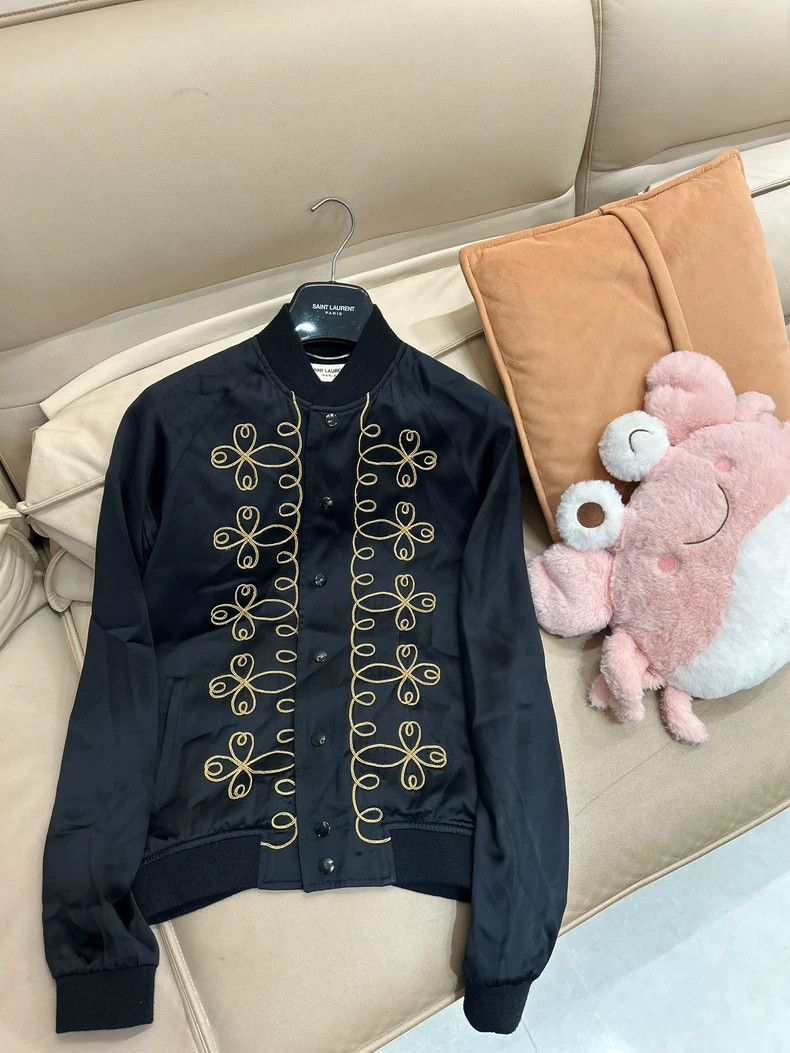 Pre-owned Saint Laurent Silk Embroidered Bomber Jacket - Dmc In Black