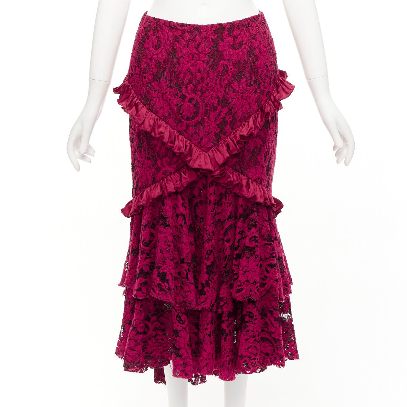 Other ROMANCE WAS BORN red cotton silk blend floral lace bias ruffle midi skirt AUS8 S Size 30" / US 8 / IT 44 - 1 Thumbnail
