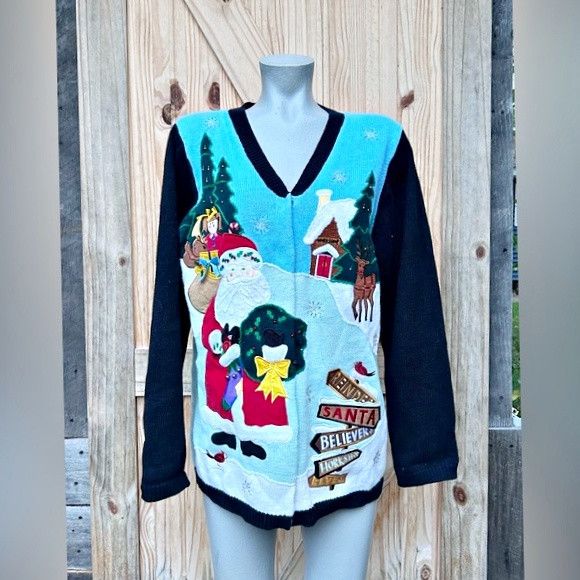 Quacker Factory Vintage Quacker Factory Blue Christmas Cardigan Sweater Size S / US 4 / IT 40 - 1 Thumbnail