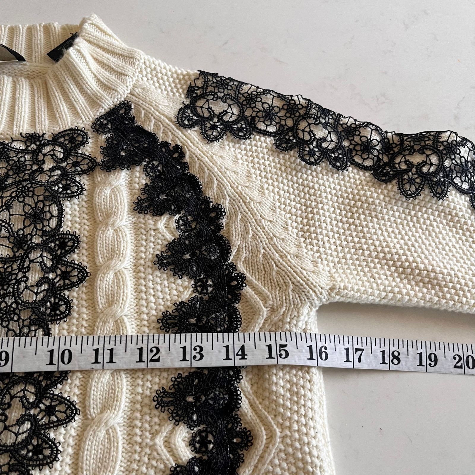 Pinko Pinko Cream Black Lace Cable Knit Mock Neck Sweater Size XS / US 0-2 / IT 36-38 - 7 Thumbnail