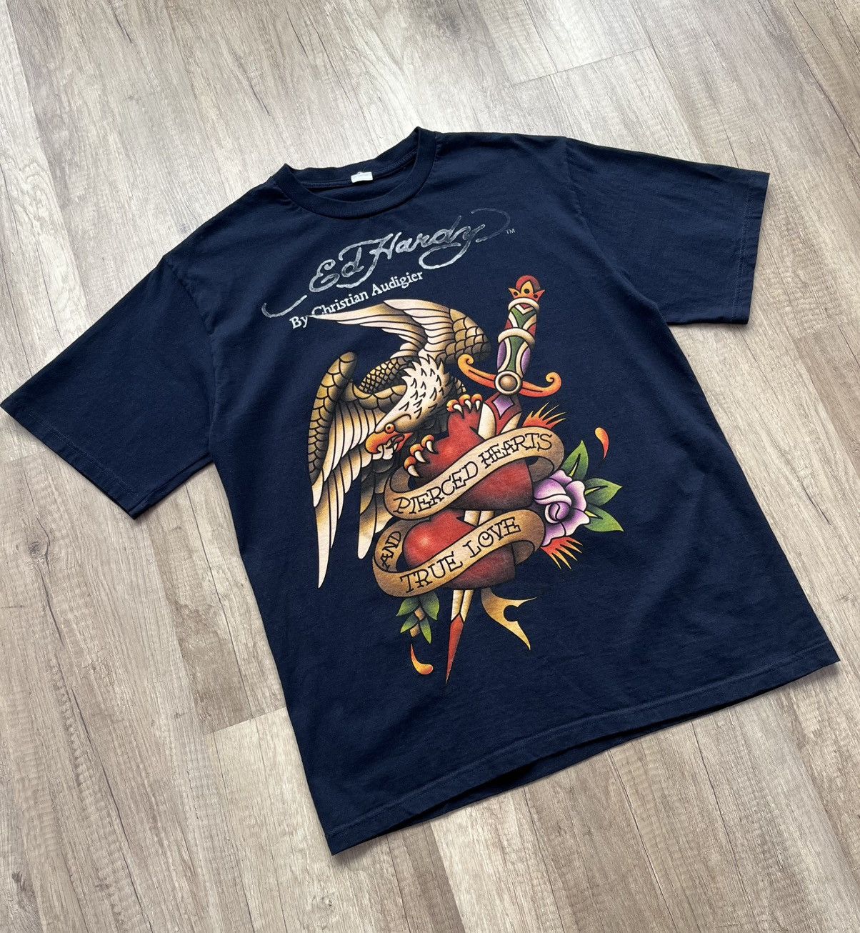 Ed Hardy × Japanese Brand Ed Hardy Pieced Hearts and True Love T-Shirt Navy Blue Size US L / EU 52-54 / 3 - 2 Thumbnail