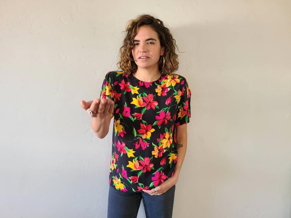 Designer 90's Floral Blouse Top Vintage Flowers Shoulderpads Womens Size M / US 6-8 / IT 42-44 - 5 Thumbnail