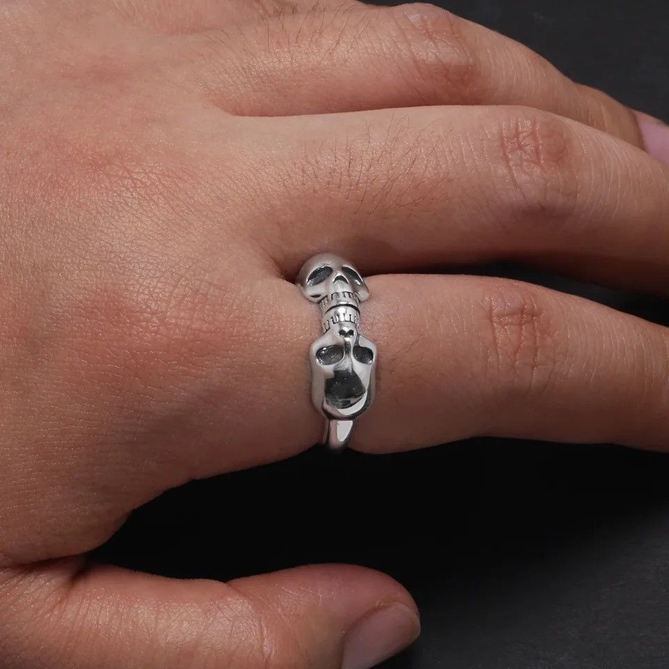 Jewelry × Sterling Silver 925 Sterling Silver Double Head Skull Vintage Thai Ring Size ONE SIZE - 6 Thumbnail