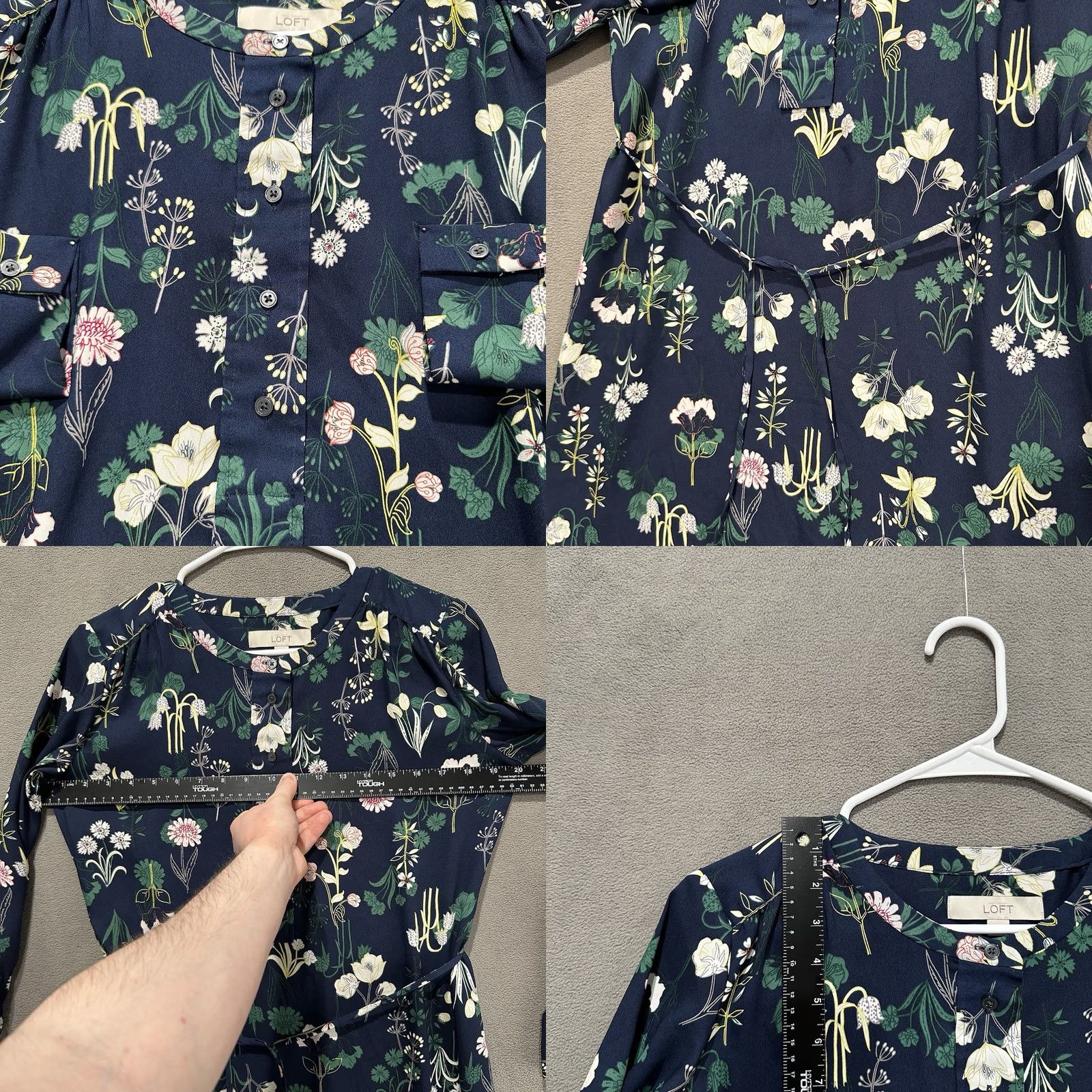 Loft LOFT Dress Womens XS Navy Blue Floral Print Midi Button Front Long Sleeve Belted Size XS / US 0-2 / IT 36-38 - 8 Thumbnail