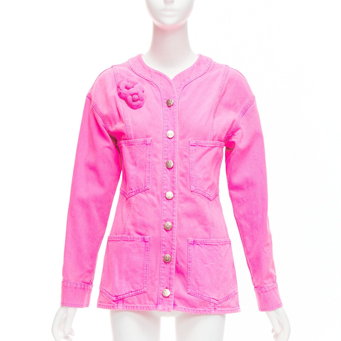 Chanel CHANEL 2021 neon pink cotton denim CC logo camellia embellished jacket FR34 XS Size XS / US 0-2 / IT 36-38 - 1 Thumbnail