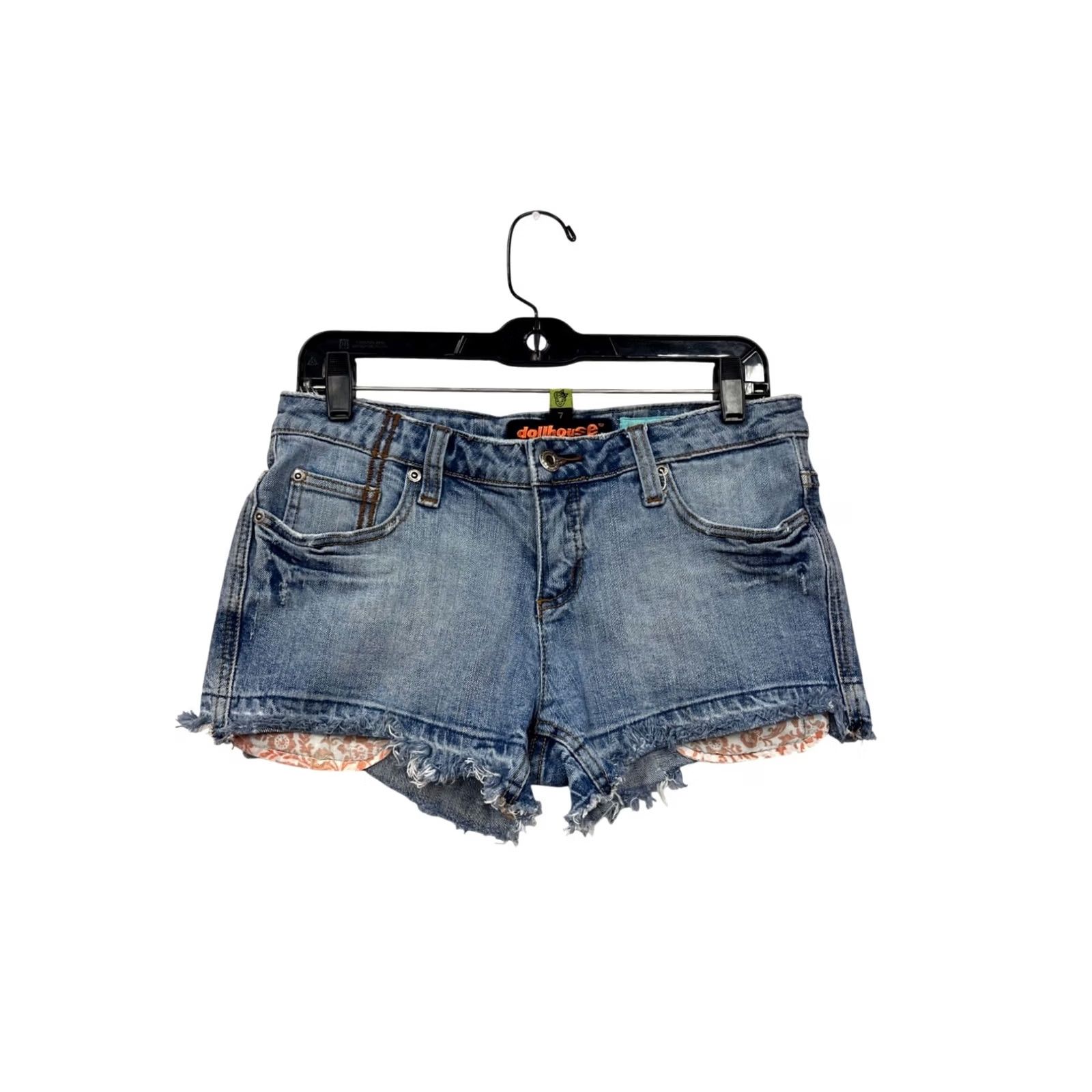 Vintage Dollhouse Denim Shorts Frayed Hem Size 7 Juniors Women Blue Cotton Spandex Cut-Off 5-Pocket Button Zipper Like New Size 28" / US 6 / IT 42 - 2 Thumbnail