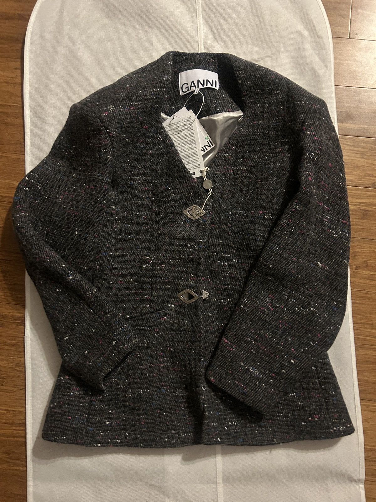 Ganni GANNI Donegal wool-blend bouclé-tweed jacket Anthracite Size XS / US 0-2 / IT 36-38 - 6 Thumbnail