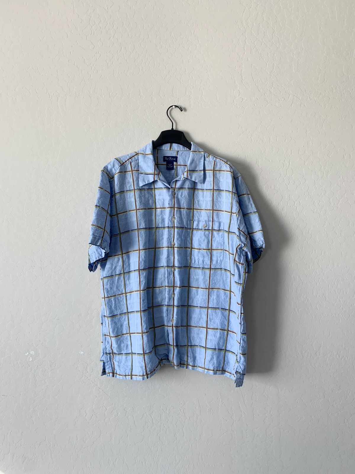 image of Paul Fredrick 100% Linen Camp Collar Short Sleeve Button Up in Blue, Men's (Size XL)