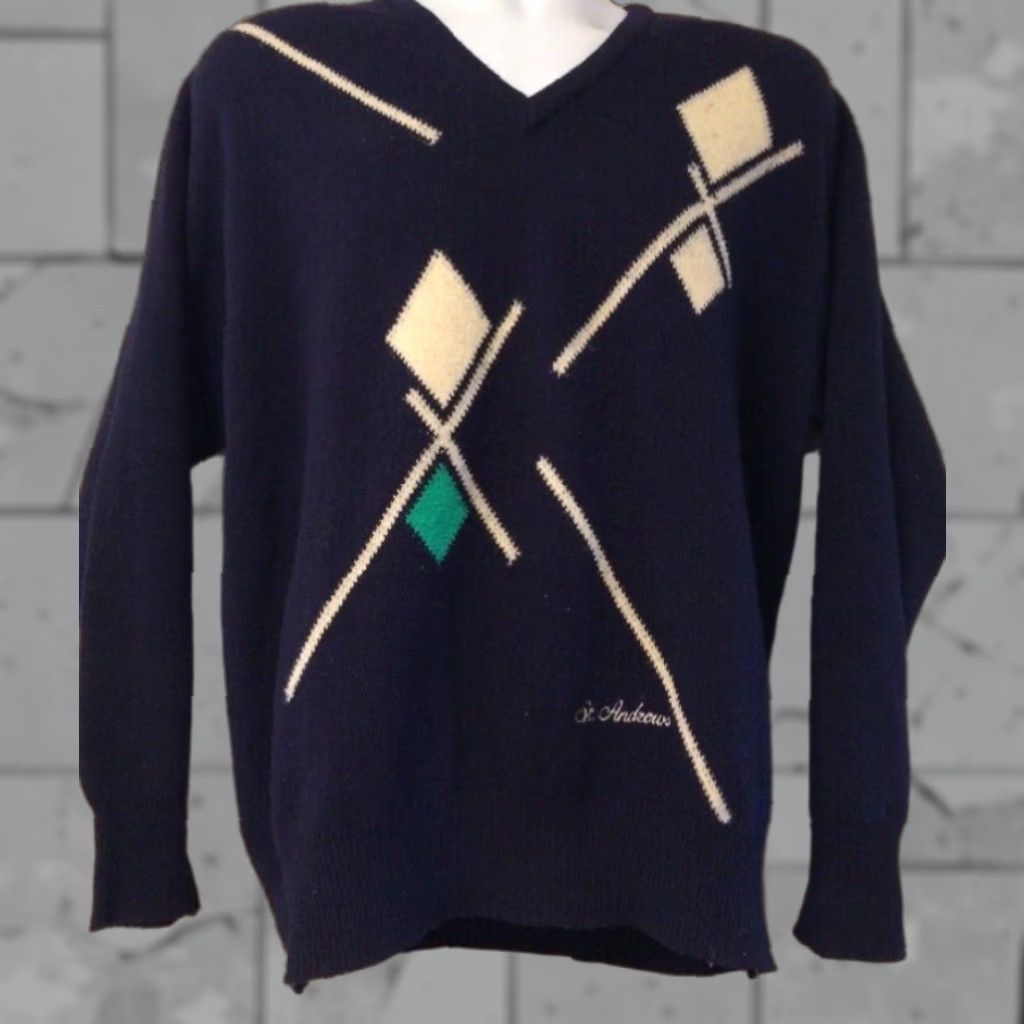 Vintage Saint Andrews Argyle Knit Wool Sweater Mens Medium Blue Scotland Size US M / EU 48-50 / 2 - 1 Thumbnail