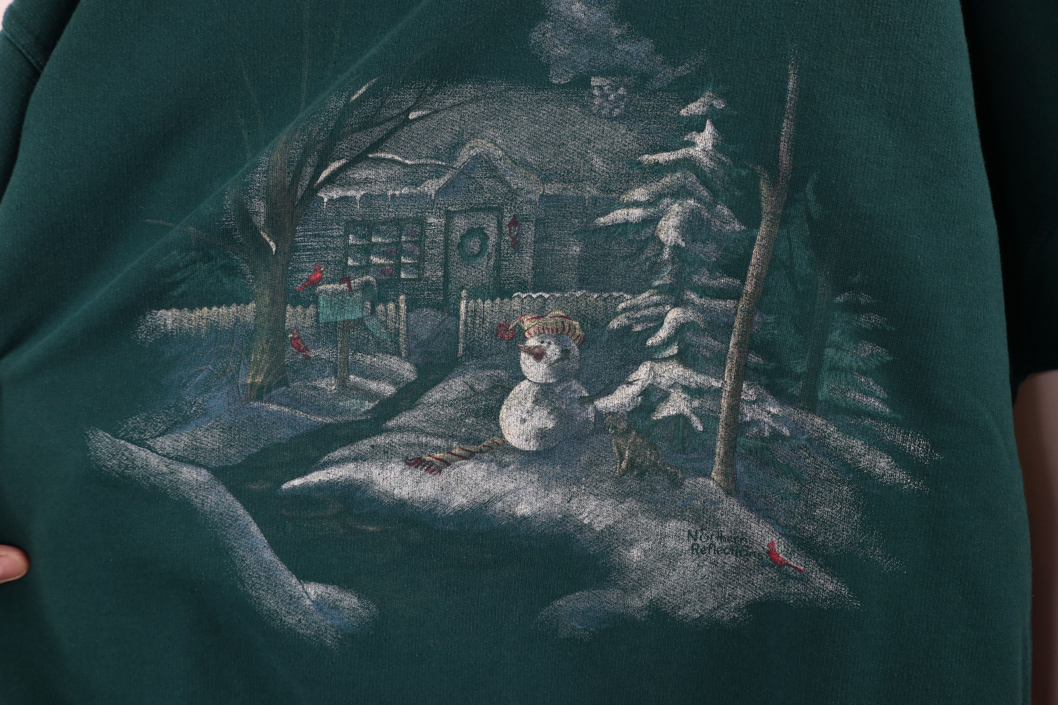 Vintage Vintage 90s Christmas Snowman Farmhouse Cat Sweatshirt Green Size XL / US 12-14 / IT 48-50 - 6 Thumbnail
