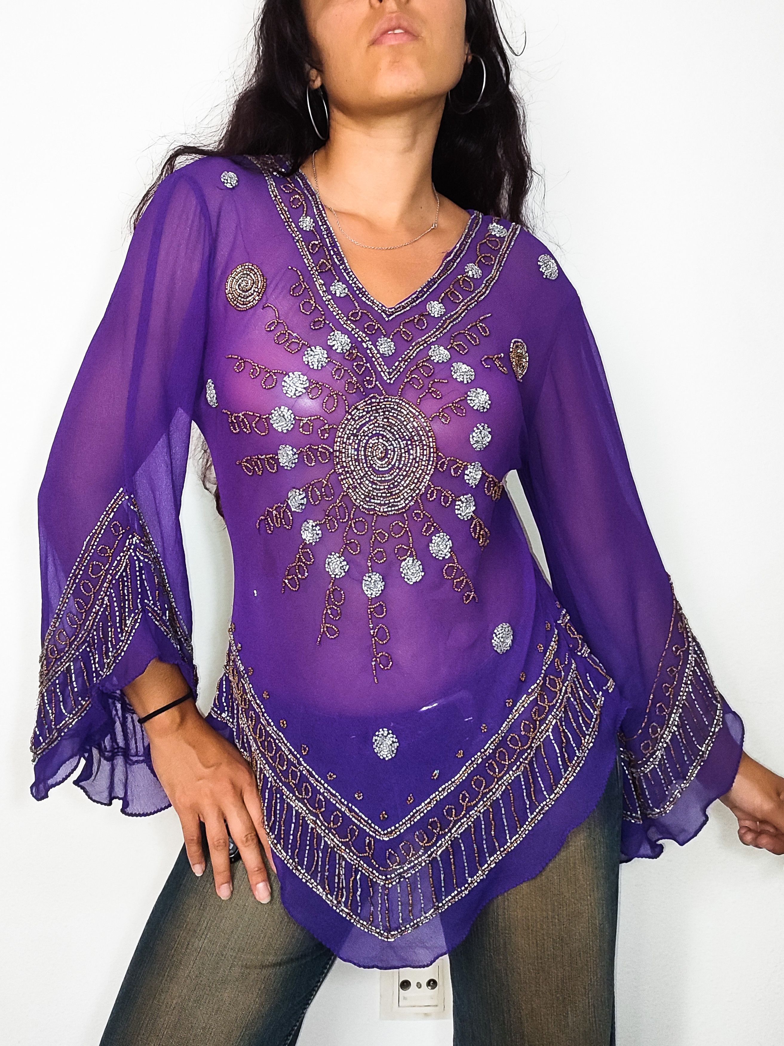 Vintage Y2k Vintage Ethereal Purple Shear Tunic Top with Beads Size L / US 10 / IT 46 - 2 Thumbnail