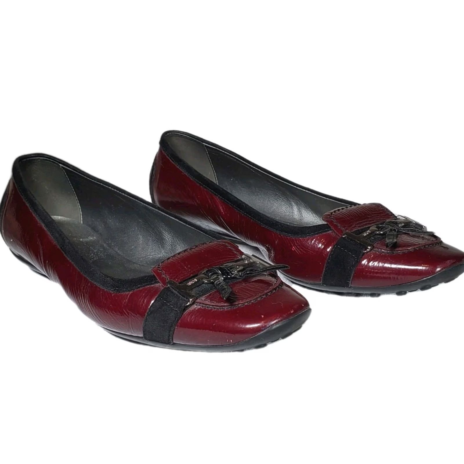 Vintage TOD’S Burgundy Patent Leather Black Suede Driving Moc Sole Flats Women's US 10 Size US 10 / IT 40 - 2 Thumbnail