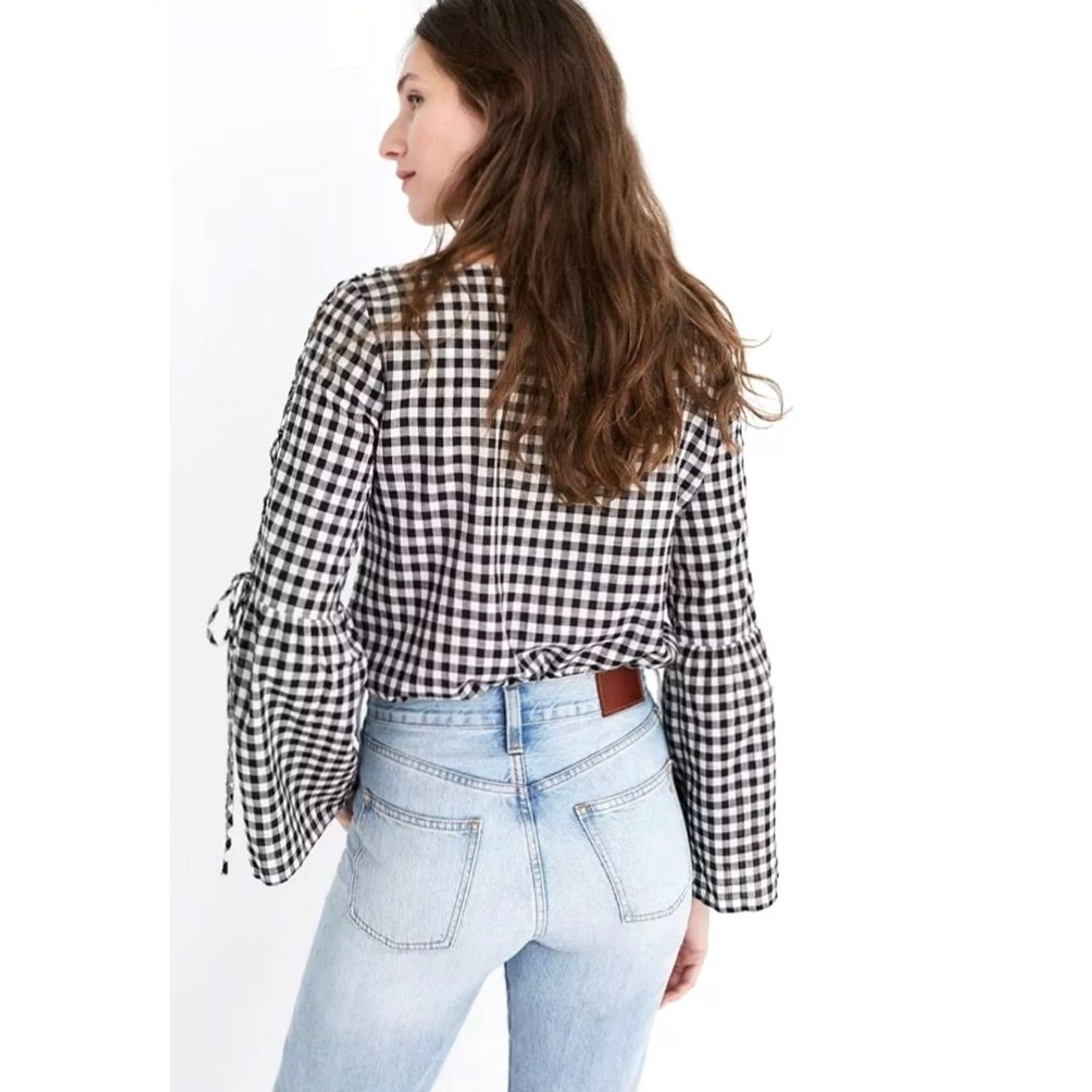 Madewell Madewell Button-Up Top Gingham Lace-Up Bell Sleeve 3/4 Multicolor Cotton M Womens Mens? Size M / US 6-8 / IT 42-44 - 5 Thumbnail