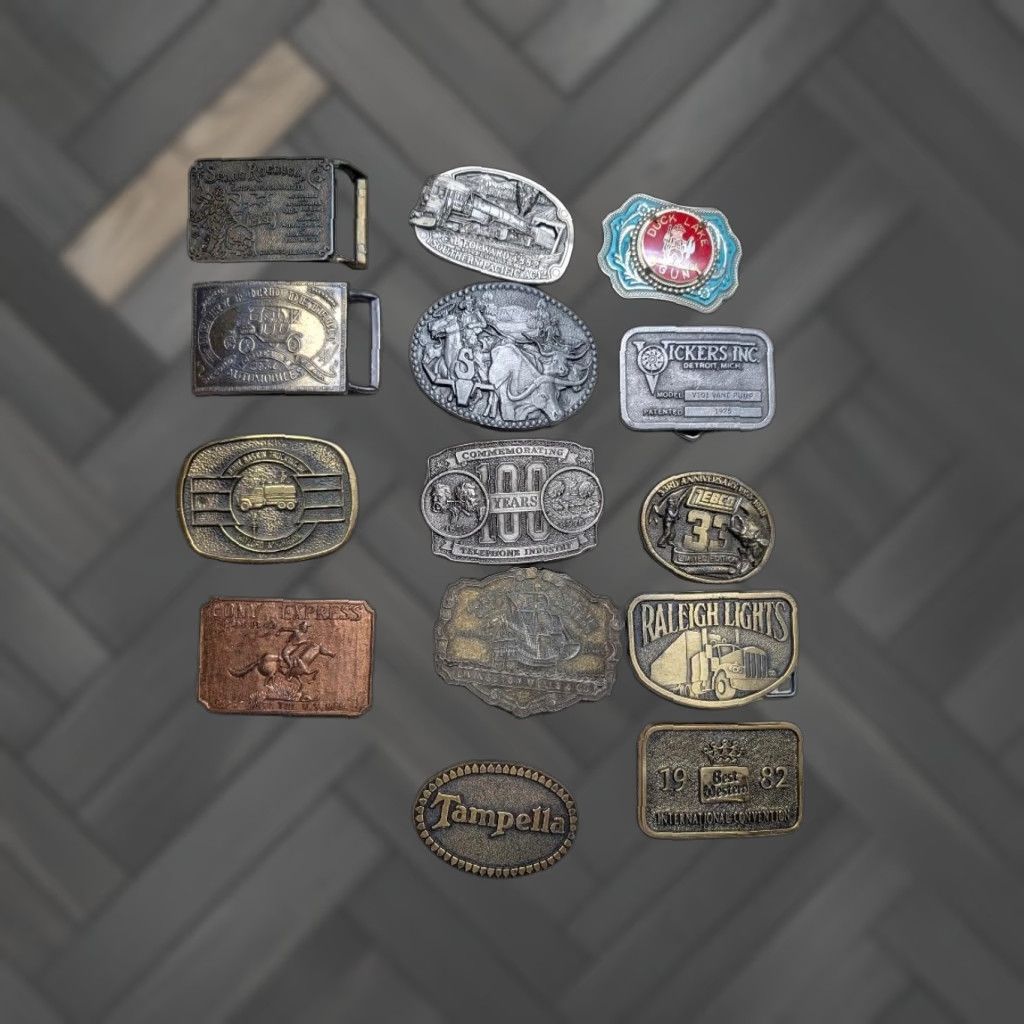 VINTAGE WESTERN Belt Buckles LOT OF 14 metal COWBOY chrome brass pewter Men