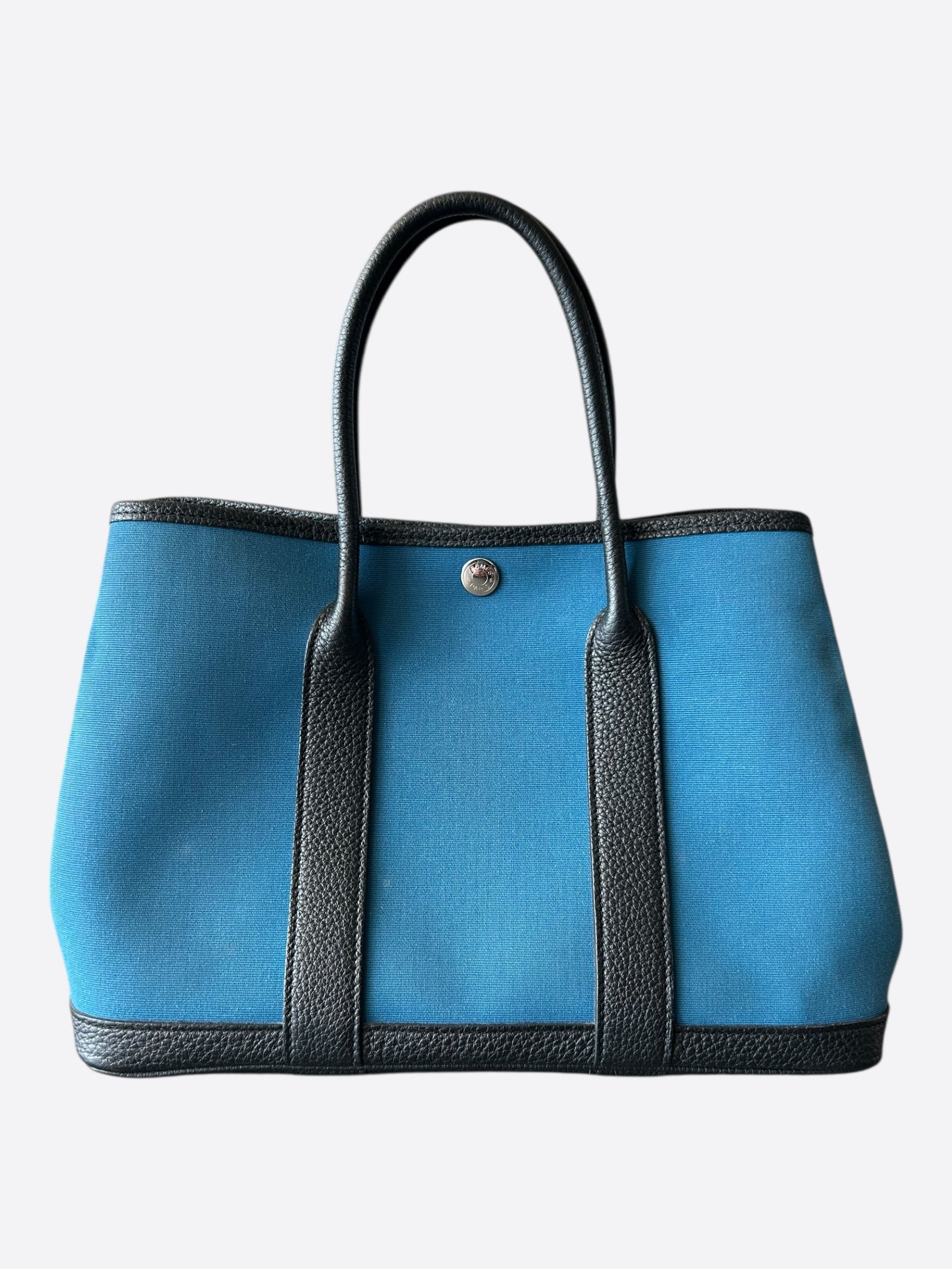 Hermes Blue Canvas & Black Togo Garden Party 30